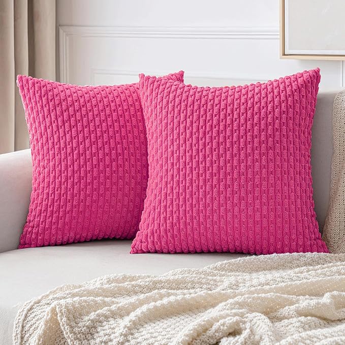 MIULEE Throw Pillow Covers Soft Corduroy Decorative Set of 2 Boho Striped Pillow Covers Pillowcases Farmhouse Home Decor for Spring Couch Bed Sofa Living Room 20x20 Inch Hot Pink