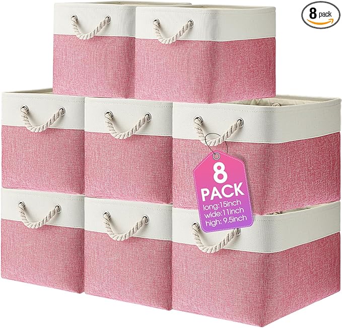 meekoo 8 Pack Collapsible Storage Bins Fabric Storage Bins Polyester Fabric Baskets with Handles Linen Closet Organizer for Shelf Home Closet Towels Toys(15 x 11 x 9.5 in,Pink White)