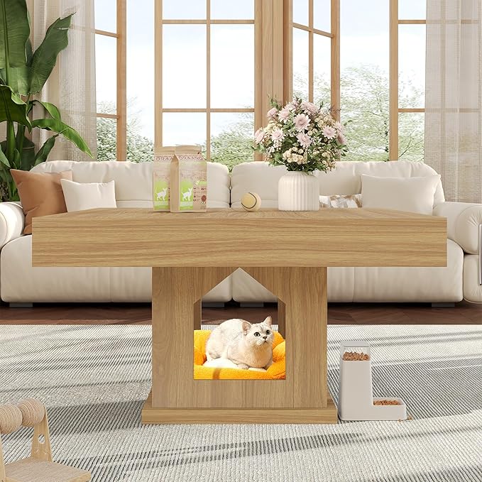 Square Coffee Table, Wooden Coffee Table with Storage and Cat House, Cocktail Table for Living Room, Farmhouse Large Natural Wood Center Table