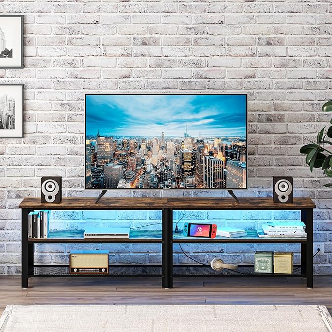 Clikuutory Modern Brown 71 inch Metal TV Stand with LED Lights and Power Outlets for 50 60 65 70 75 80 Inch TVs, 3 Tier Television Stands with Entertainment Center and Storage for Living Room, Bedroom