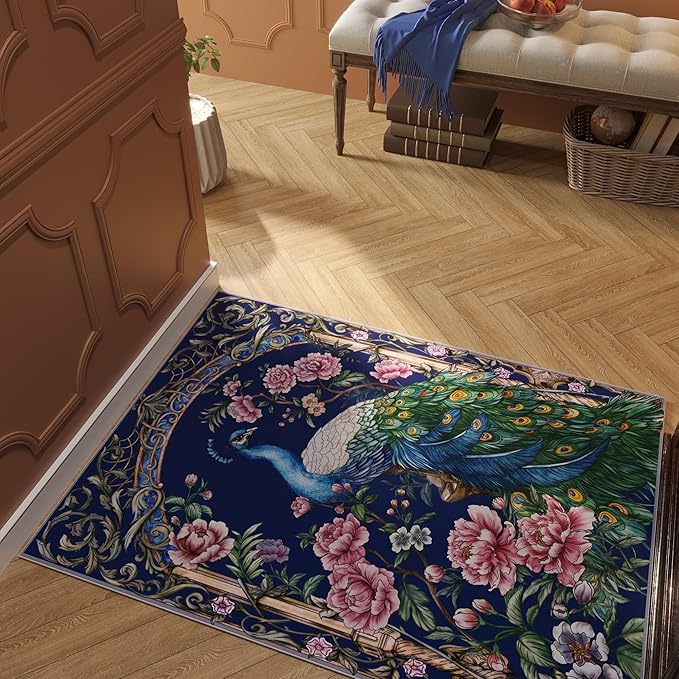 Door Mat Indoor Entrance 2x3 Rug Machine Washable Floral Peacock Animal Small Area Rug Non-Slip Low Pile Throw Rugs for Entryway, Kitchen, Front Door, Entry, Kids Room (Cobalt Blue)