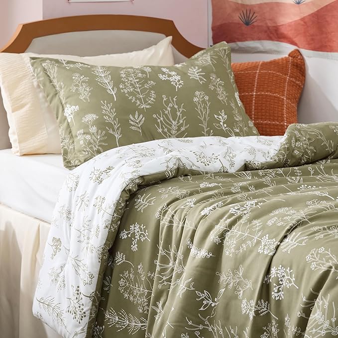 Bedsure Twin/Twin XL Comforter Set - Olive Green Bed Set, 2 Pieces Cute Floral Bedding, 1 Soft Reversible Botanical Flowers Comforter and 1 Pillow Sham