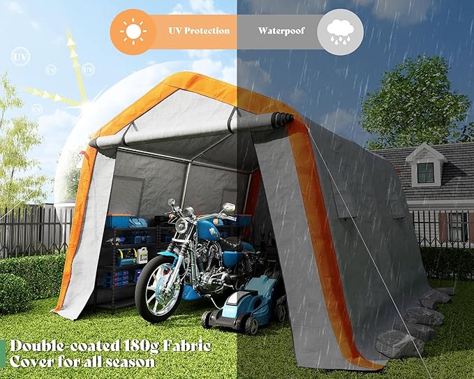 AMERLIFE 10.5x12x8 FT Heavy Duty Portable Shed Storage Shelter, Outdoor Storage Shed with 4 Waterproof Windows & Roll-up Zipper Door, Carport for Motorcycle, Bike, Gray