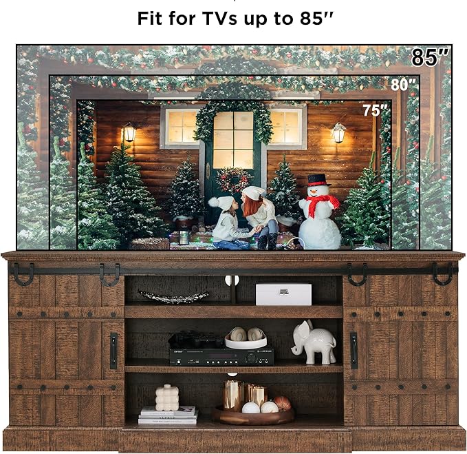 OKD Farmhouse 75" TV Stand for 80 85 Inch TV, Rustic Media Console Table with Sliding Barn Door, Large Highboy Entertainment Center with Storage Cabinet for Living Room, Bedroom, Reclaimed Barnwood
