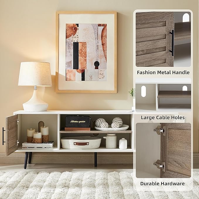 EDYO LIVING Mid Century Modern TV Stand for 65" TV, Wood TV Stand with Storage Cabinet and Open Shelf, Entertainment Center, TV Console Table for Living Room, White Walnut