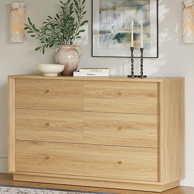 Mid Century Modern Dresser, 6 Drawer Dresser with Storage, 47" Wide Chest of Drawers with Wood Grain Texture, Drawers Organizer for Bedroom, Living Room, Hallway, Gold Oak