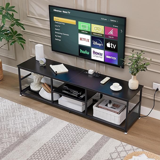 VECELO TV Stand with Power Outlets for Televisions up to 75Inch, 62" Media Entertainment Center with Charging Station 3-Tier Open Storage Shelves with Metal Frame for Living Room/Bedroom，Black