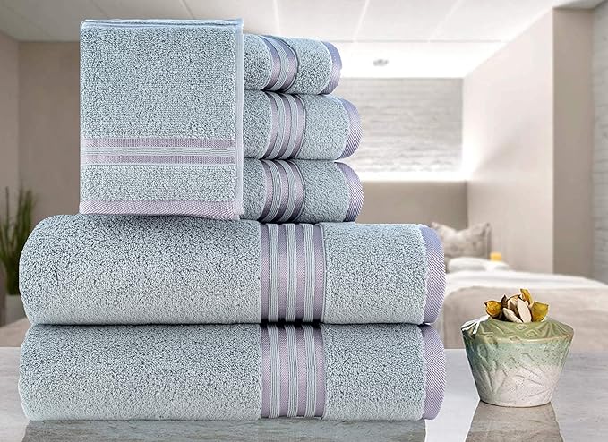 CASA COPENHAGEN Zero Twist, 6 Pieces Set 100% Cotton 0" Twist Towel Set- Grey Violet, 600 GSM, 2 Bath, 2 Hand, 2 Washcloths Made from Egyptian Cotton, Ultra Soft Luxury Towels for Bathroom.