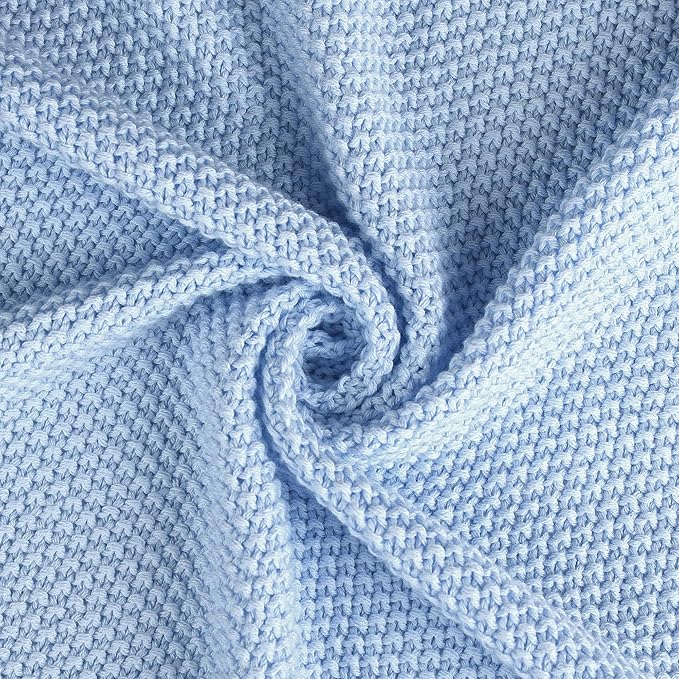 PiccoCasa 100% Cotton Knit Throw Blanket,Solid Lightweight Decorative Throws and Blankets,Soft Knitted Throw Blanket for Sofa Couch, Pale Blue 50" x 60"