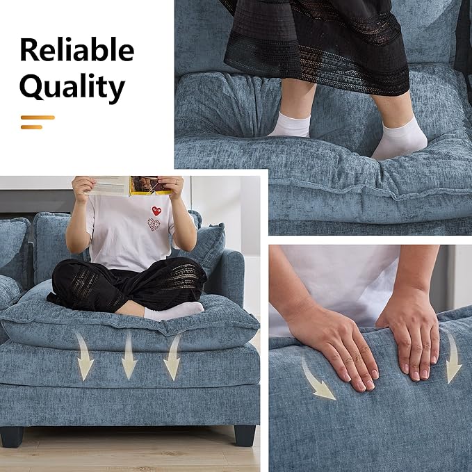 111'' Sectional Cloud Deep Seat Couch, Modern Comfy Chenille Modular Sectional Sofa for Living Room Set, Upholstered Modular 3-Seats Sofa Couch, Blue