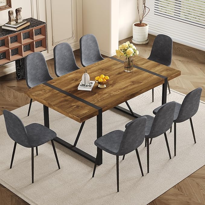 Dining Table Set for 8, 9 Piece Dining Table Set, 71'' Dark Wood Kitchen Table and Suede Nap Fabic Chairs Set of 8, for Kitchen Dining Room