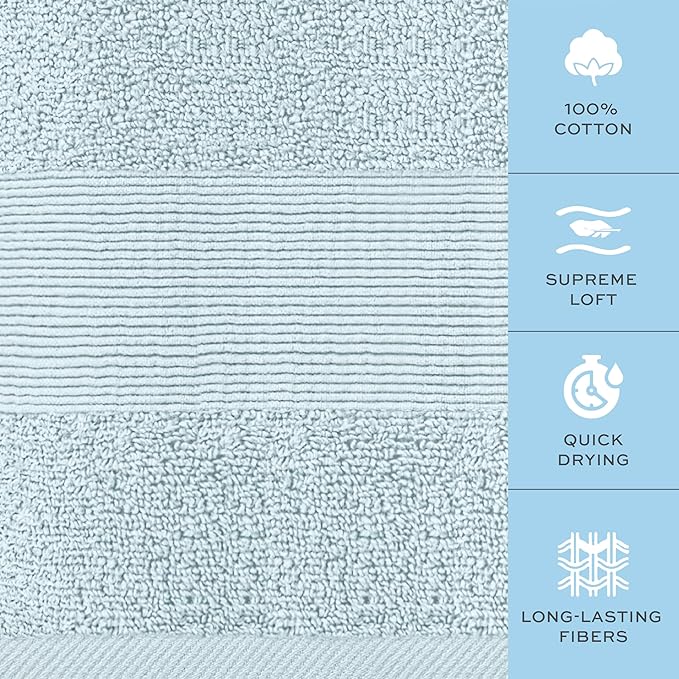 White Classic Resort Collection Soft Washcloth Face & Body Towel Set | 12x12 Luxury Hotel Plush & Absorbent Cotton Wash Clothes [12 Pack, Light Blue]