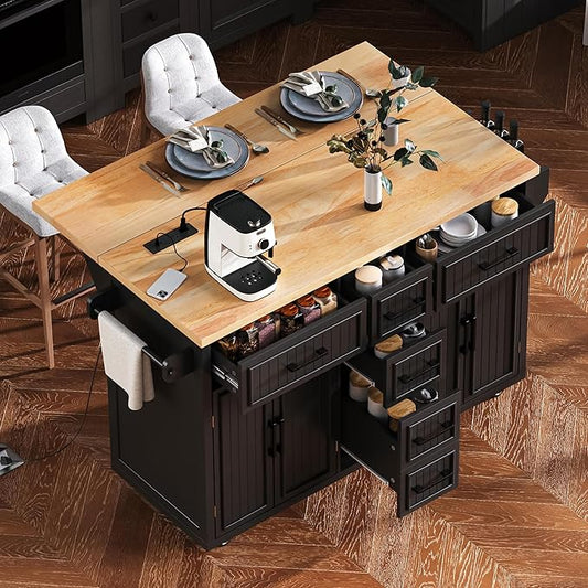 Merax 56.5" Kitchen Island with Drop Leaf, Power Outlet, Embossed Vertical Stripe Rolling Kitchen Cart on Wheels with 4 Doors, 5 Deep Drawers and Adjustable Shelves for Dining Room, Black