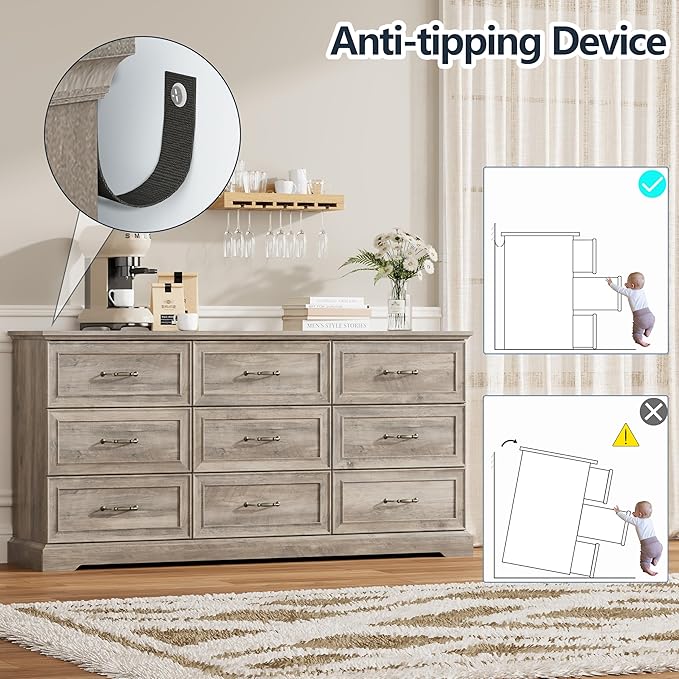 Dresser for Bedroom with 9 Drawer, Farmhouse Long Dresser for Closet,63'' Wide Rustic Wooden Chest of Drawers with Natural Wood Texture, Vintage Storage Organizer for Living Room, Hallway, Grey