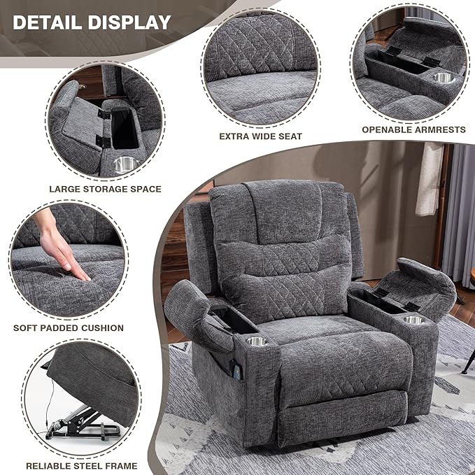 Big Man 400lbs Recliners with Extended Foot Rest and Armrest Storage, Oversized Power Lift Recliner Chair with Heat Massage and Cup Holders for Elderly