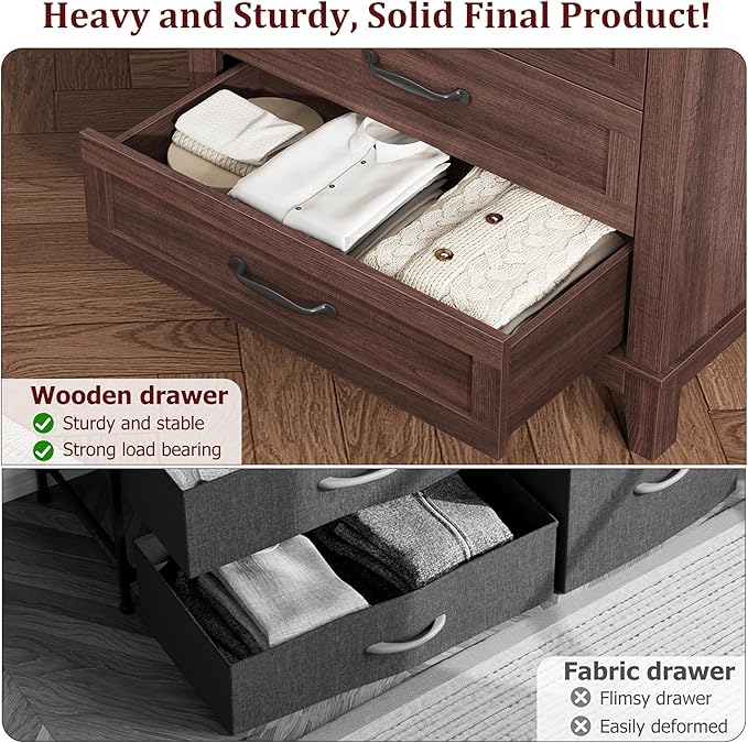 GarveeHome 5 Dresser for Bedroom, 41.3" Tall Vertical Drawer Dresser with Large Storage, Freestanding Wooden Closet Chest for Bedroom, Living Room, Walunt