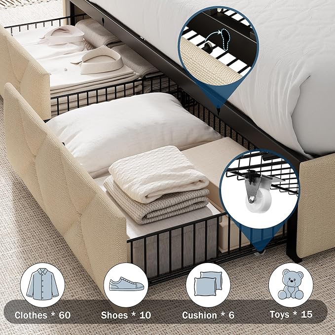 King Size Bed Frame with 4 Storage Drawers, Upholstered Platform Bed with Charging Station, Modern Wingback Storage Headboard, Easy Assembly,Noise-Free, Beige