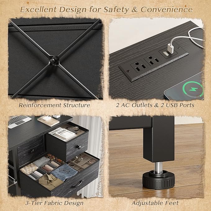 EnHomee Dresser for Bedroom with LED Lights & Power Outlets Tall Dresser with 8 Drawers Fabric Dressers & Chests of Drawers for Bedroom, Closet, Sturdy Metal Frame, Acrylic Plates (Charcoal Black)