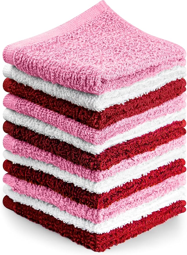 Towel and Linen Mart 100% Cotton - Wash Cloth Set - Flannel Face Cloths, Highly Absorbent and Soft Feel Fingertip Towels (Red, White & Pink, Pack of 12)