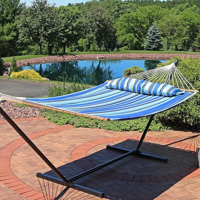 Sunnydaze Quilted Outdoor Hammock with Spreader Bars - Heavy-Duty 450-Pound Capacity Double Hammock for Outside - Misty Beach