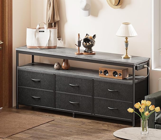 Huuger LED TV Stand for Bedroom, 55 Inch Fabric Dresser with Power Outlets, Entertainment Center for 60, 55, 50 Inch TV, 6 Drawer Dresser for Bedroom, Chest of Drawers with Shlef, PU Leather, Grey