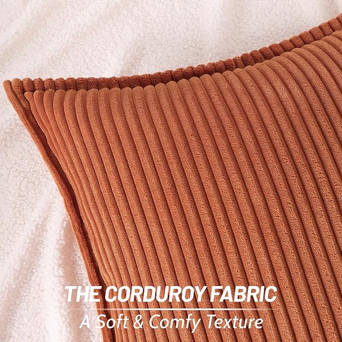 Mecatny Corduroy Fall Throw Pillow Covers 12x20 Set of 2, Neutral Decorative Soft Burnt Orange Boho Lumbar Couch Pillow Covers with Broadside for Sofa Living Room, Rust