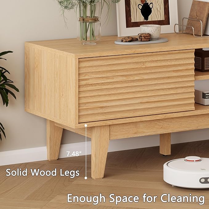 Fluted TV Stand for 55 65 Inch TV, Mid Century Modern Entertainment Center with Shelves, Cabinets & Sliding Doors, TV Media Console Table with Wood Feet & Cord Holes for Living Room, Bedroom, Natural