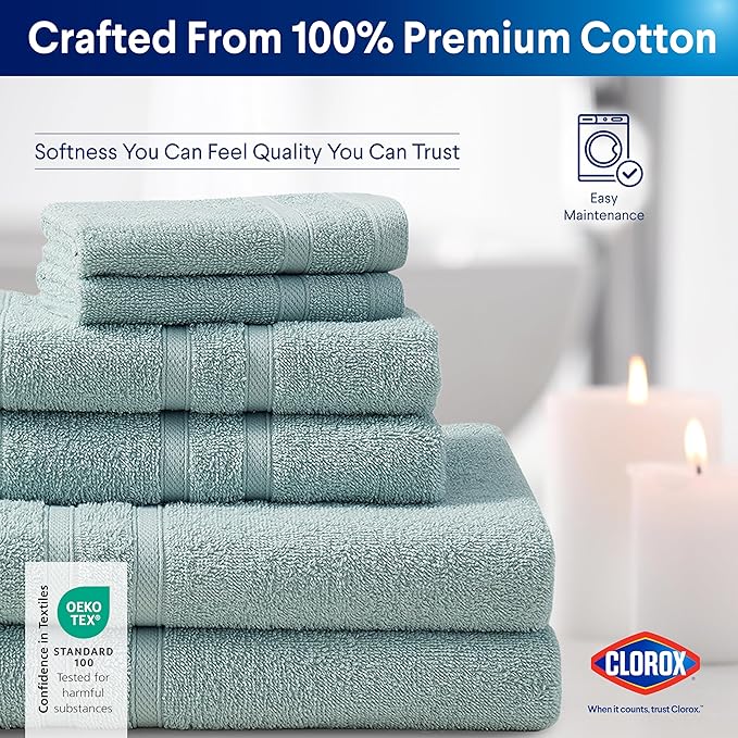 CLOROX Bleach Friendly Towels, Quick Dry, 100% Cotton Hand Towels (16" x 26"), Highly Absorbent Soft Lightweight, Ideal for Everyday Use, Easy to Wash (2 Pack, Mineral Blue)