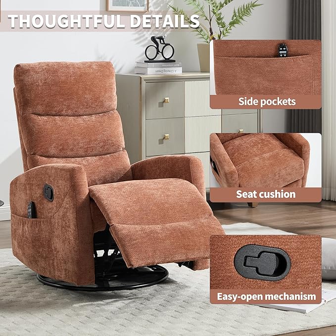 PELUMY Massage Recliner Chair with Heat - Manual Rocker Swivel Recliner, 360° Rotation & 155° Recline for Living Room（Linen Fabric, Orange）