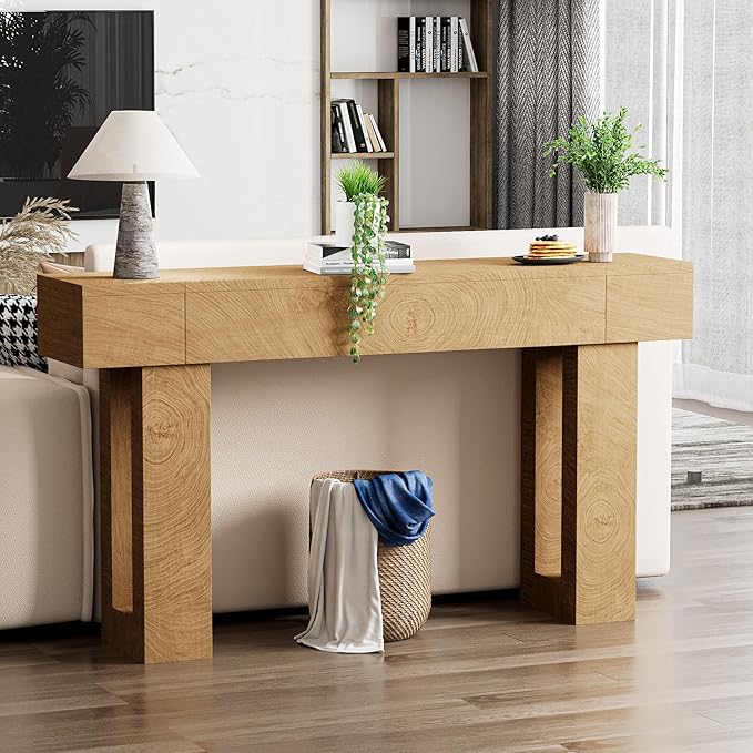 63 Inch Long Console Table, Narrow Rectangular Sofa Table Behind The Couch, Farmhouse Entryway Table for Entrance, Hallway, Living Room (Natural)