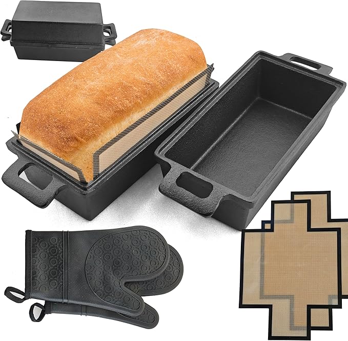 2-In-1 Cast Iron Oven Pan - 9"x5" Durable Loaf Pans Rectangular Baking Pan with Banneton Bread Proofing Basket set for home baking, 2 Piece Set -1.8 QT×2 Pcs (Stainless steel mats, Bread Pan 3 Set)
