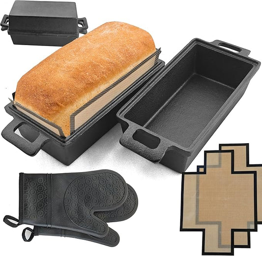 2-In-1 Cast Iron Oven Pan - 9"x5" Durable Loaf Pans Rectangular Baking Pan with Banneton Bread Proofing Basket set for home baking, 2 Piece Set -1.8 QT×2 Pcs (Stainless steel mats, Bread Pan 3 Set)