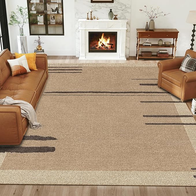 Easy Jute Area Rug 8x10, Large Living Room Washable Rug Indoor Outdoor Patio 8x10 Carpet, Farmhouse Irregular Pattern Throw Non Slip Black Carpet for Backyard Dining Room, Brown/Black