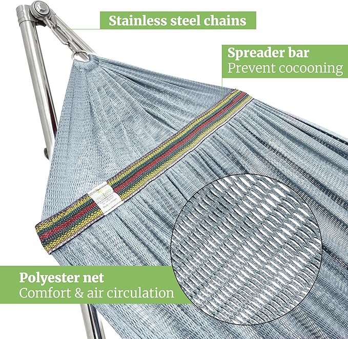 Tranquillo Double Hammock with Stand 650lb Capacity Double Hammock with Spreader Bar, Solid Grade 201 Stainless Steel 30s Set Up, Sturdy Flexible Hammock Stand Portable, Outdoor Indoor, Grey