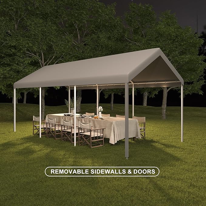 Carport, 12x20 ft Grey Heavy Duty Carport with Roll-up Windows, Portable Garage with Removable Sidewalls & Doors, Car Canopy and All-Season Tarp for Car Boat Truck Motorcycle