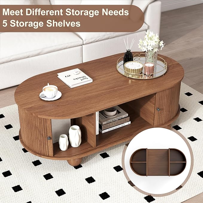 Oval Coffee Table with Storage, 47.3" Mid Century Modern Coffee Tables with Sliding Tambour Doors, Wood Fluted Accent Center Table for Living Room, Dining Room, Home Office, Walnut