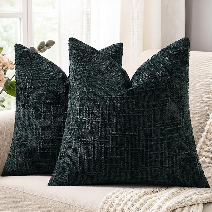 decorUhome Black Chenille Throw Pillow Covers 18x18 Set of 2 Thick Textured Slubby Couch Pillow Covers Farmhouse Accent Modern Neutral Decorative Pillow Cases for Bed Sofa Living Room
