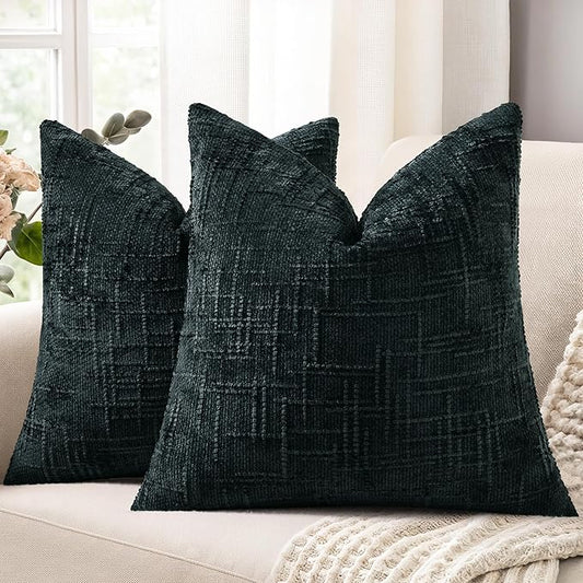 decorUhome Black Chenille Throw Pillow Covers 16x16 Set of 2 Thick Textured Slubby Couch Pillow Covers Farmhouse Accent Modern Neutral Decorative Pillow Cases for Bed Sofa Living Room