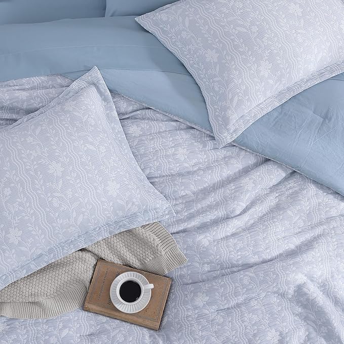 King Comforter Set -7 Pieces Blue Floral Comforter Set for All Seasons, Bed in a Bag King with Botanical Flowers Comforter, Sheets, Pillowcases & Shams