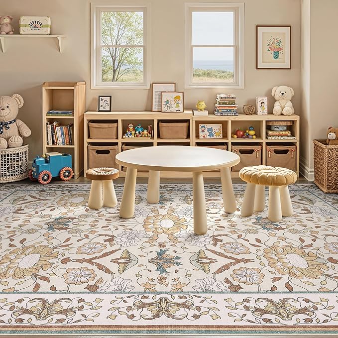 Nursery Rug 9x12 for Kids & Girls - Washable Vintage Large Floral Area Rugs - Ultra Thin Stain Resistant Non Slip Carpets for Kids Playroom, Living Room, Bedroom, Dining Room, Office - Floral