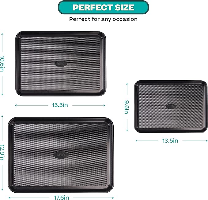 Baker's Secret Baking Sheet Pan Set, 3x Cookie Sheets for Oven, Diamond Texture Premium Air Flow Circulation, Set of 3 Baking Trays, Extra Thick 0.6mm with Diamond Base PFOA, PFOS, PTFE and PFAS free