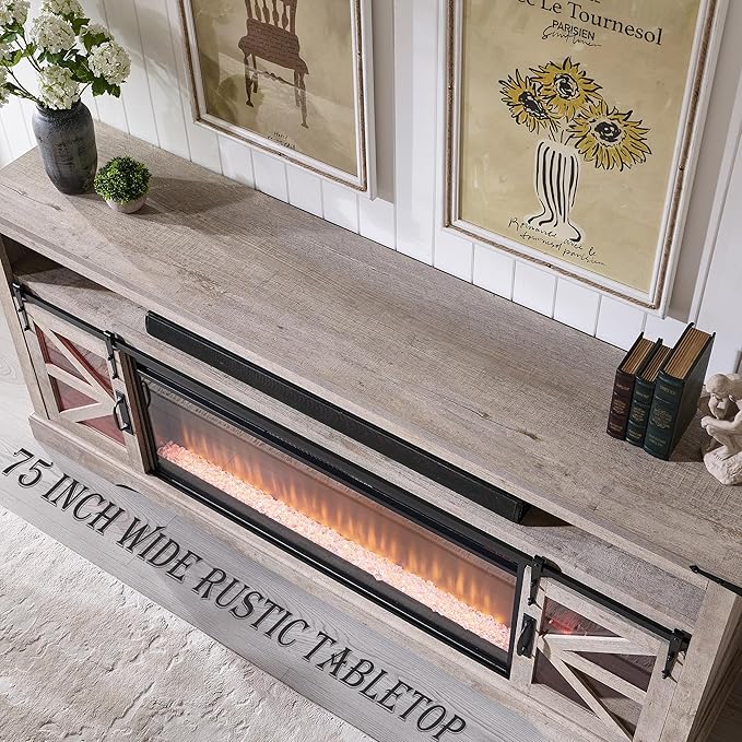 OKD 75" Fireplace TV Stand for 85" TV, 33" Tall Highboy Farmhouse Entertainment Center w/ 42'' Electric Fireplace, LED Light, Rustic Media Console w/Sliding Barn Door for Living Room, Light Rustic Oak