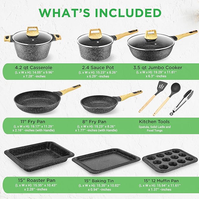NutriChef 22-Piece Black Marble Non-Stick Cookware and Bakeware Set - Professional Home Kitchen Collection with Multi-Sized Pots, Pans, and Heat-Resistant Tools