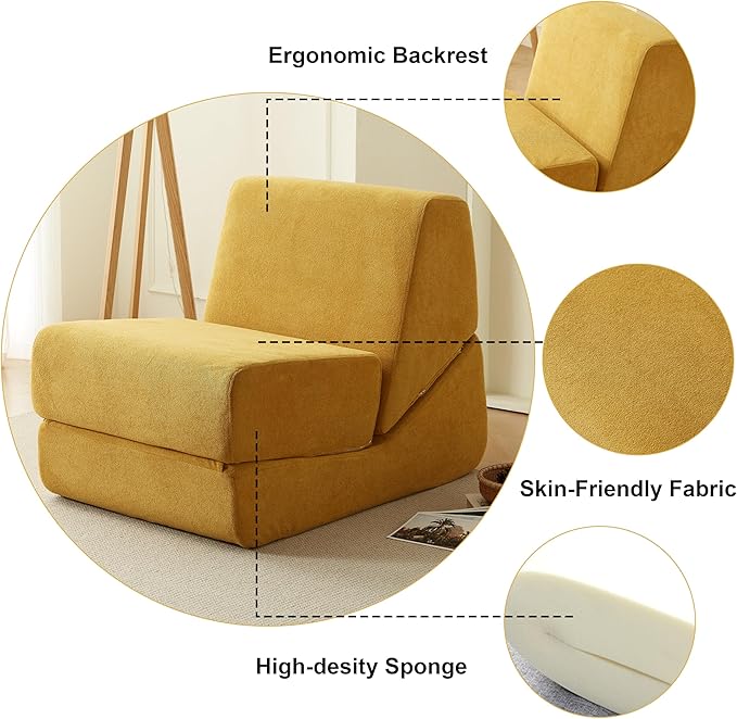 Folding Sofa Bed, Single Chair Sofa, Multi-Functional Lounger with Back Support – Compact & Space-Saving Design, Comfortable for Living Room, Bedroom, or Small Spaces, Yellow Corduroy Fabric