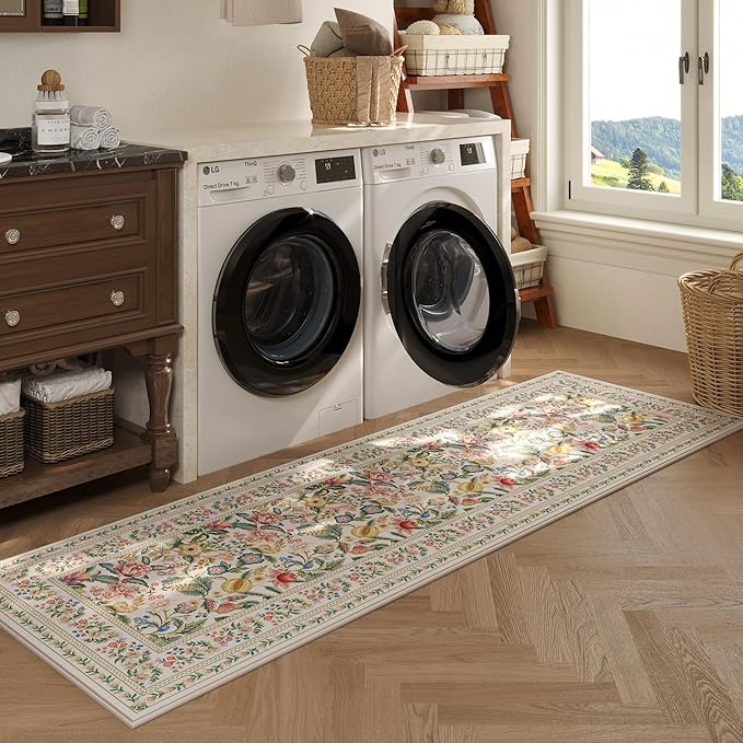 Runners for Kitchen Runner Rug Non Slip 2'x10' Long Washable Rugs with Rubber Backing Soft Vintage Floral Carpet Runner for Kitchen, Laundry, Bedroom, Bathroom, Beige