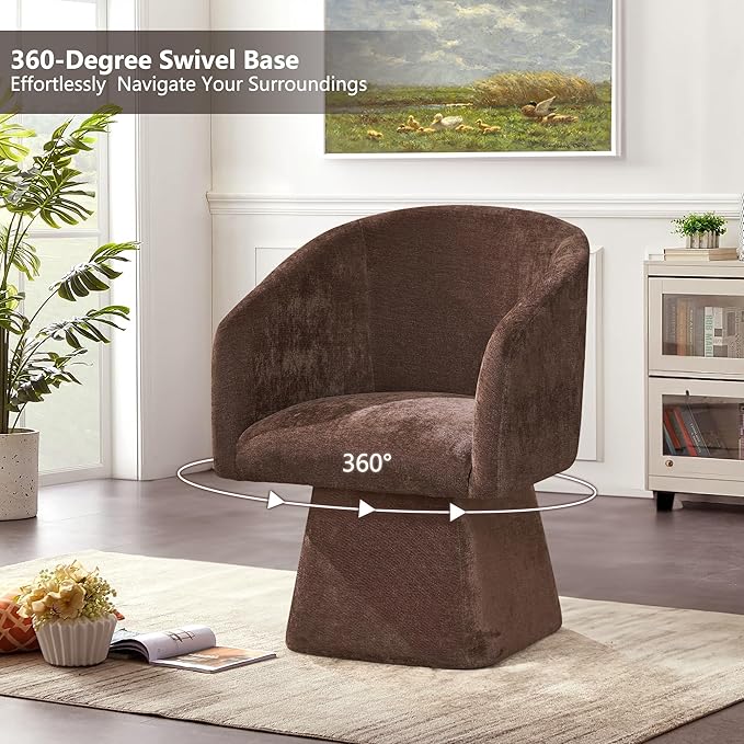 Swivel Modern Accent Chair,Luxury Fabric Upholstered Makeup Chair Comfy Barrel Chair with No Wheels,360°Rotating Vanity Armchair for Living Room Bedroom Office(Brown,Set of 2)
