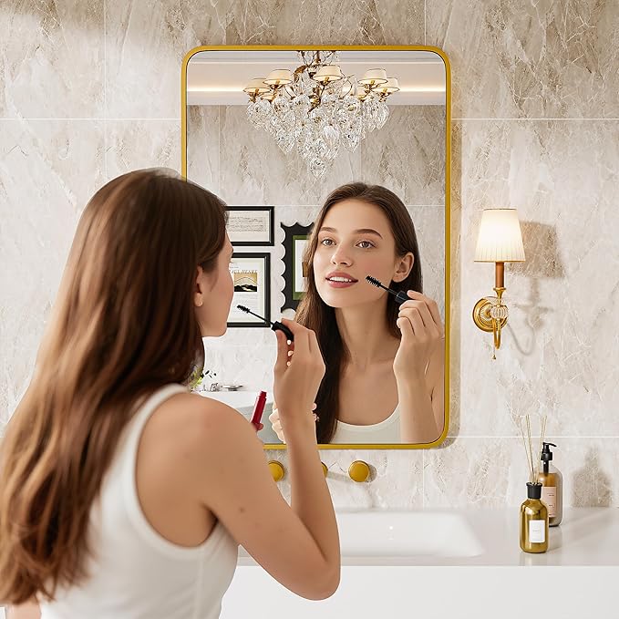 Bathroom Mirror 36" X 24" Wall Mount Dresser Metal Frame Rounded Rectangular Mirror Over Sink Vanity Hungs Horizontally Or Vertically for Bedroom, Entryway, Living Room,Gold