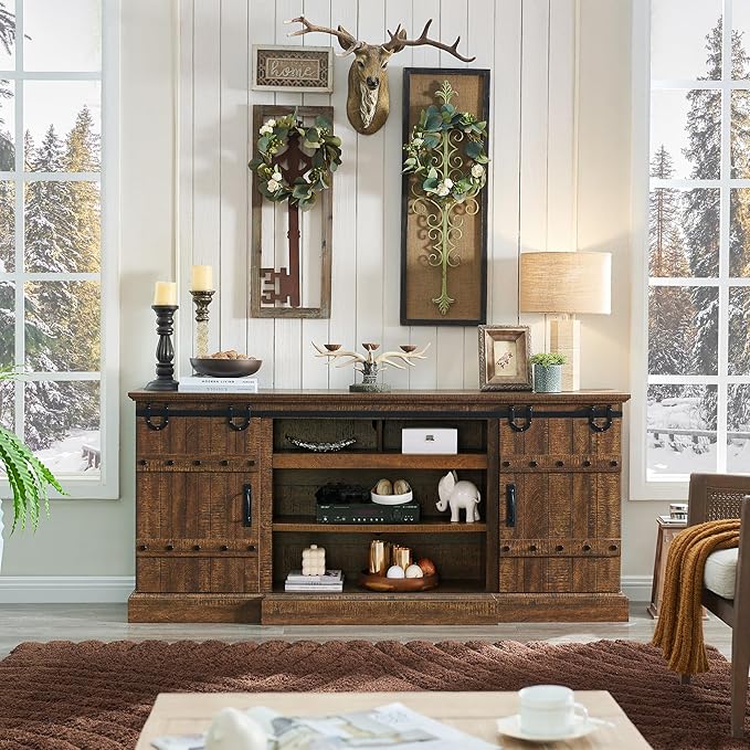 OKD Farmhouse 75" TV Stand for 80 85 Inch TV, Rustic Media Console Table with Sliding Barn Door, Large Highboy Entertainment Center with Storage Cabinet for Living Room, Bedroom, Reclaimed Barnwood