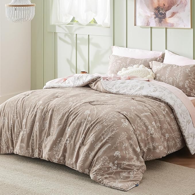 Bedsure Twin/Twin XL Comforter Set - Light Taupe Bed Set, 2 Pieces Cute Floral Bedding, 1 Soft Reversible Botanical Flowers Comforter and 1 Pillow Sham