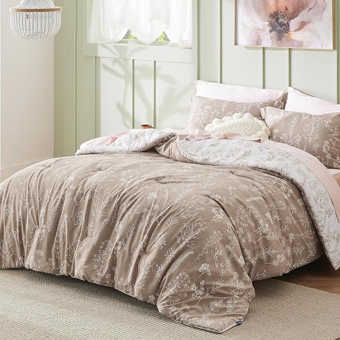 Bedsure California King Comforter Set - Light Taupe Bed Set, 3 Pieces Cute Floral Bedding, 1 Soft Reversible Botanical Flowers Comforter and 2 Pillow Shams